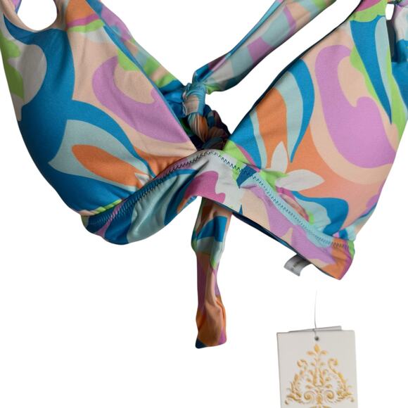 Becca All That Glitter Blue Multicolor Print Halter Tie Back Bikini Swimsuit Top - Picture 5 of 10